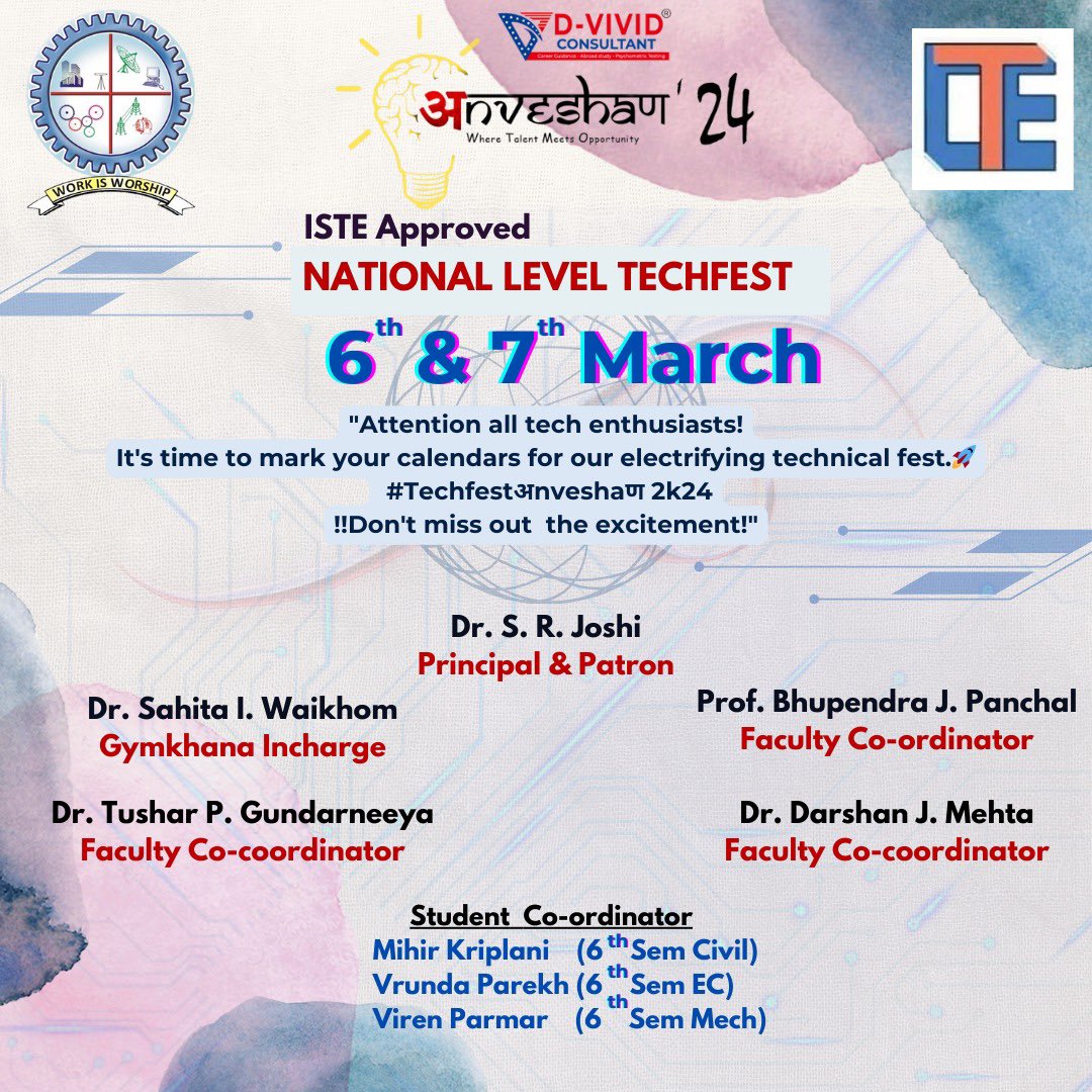 dggecs's tweet photo. Glad to share that our Institute got approval from ISTE to host ANVESHAN Techfest at National Level

🎊🎊🎉🎉🎊🎊

@CTEGujarat @CMOGuj @PMOIndia @irushikeshpatel @sanghaviharsh @AICTE_INDIA @GTUoffice  @EduMinOfIndia https://t.co/3eu0JMdL7r