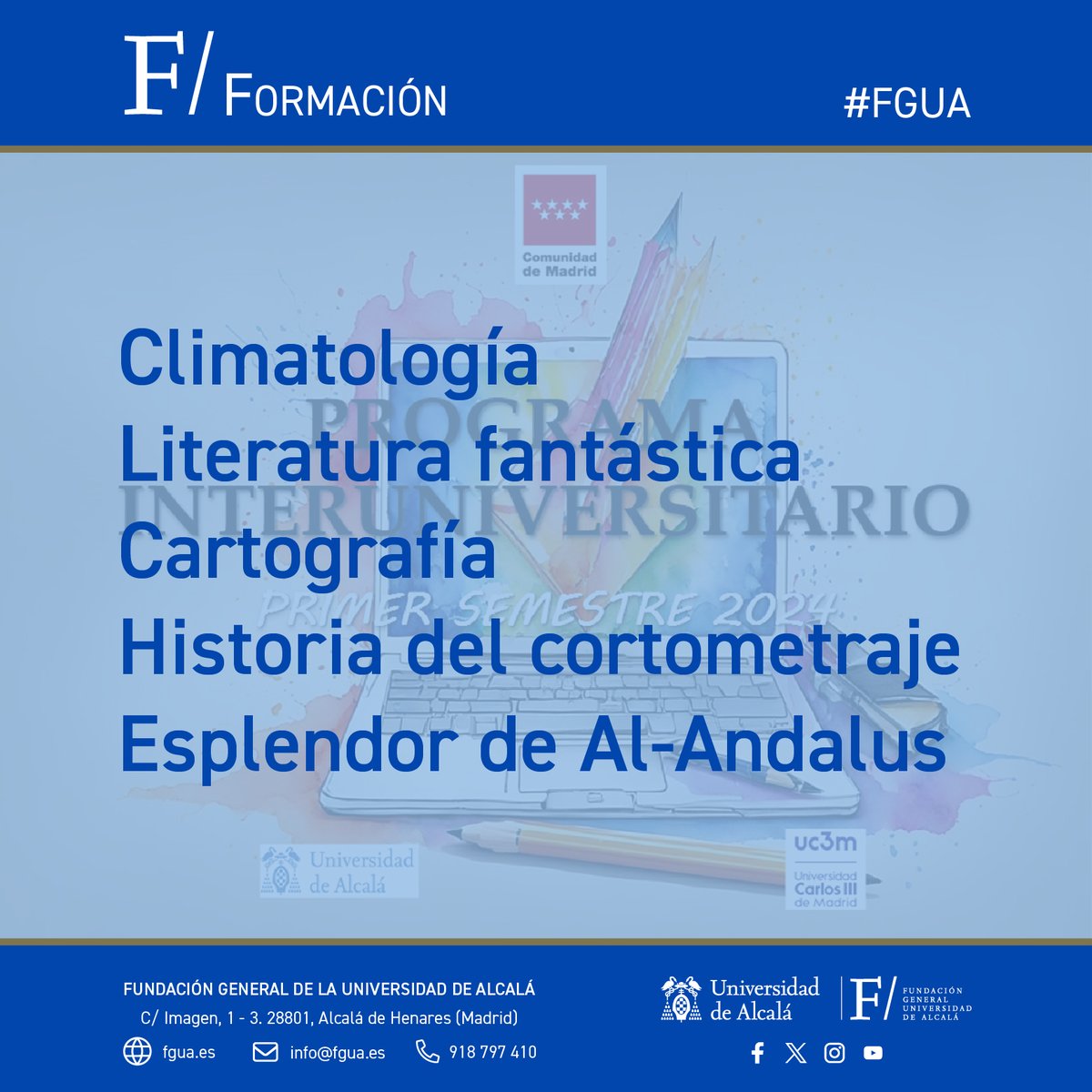 FGUAes's tweet photo. 🗣️Abierto el plazo de inscripción para los #seminarios del Programa #Interuniversitario de la #UniversidadDeMayores.
Los #cursos, de 10 horas, se celebrarán en el primer #semestre de este año y tienen un coste de 10€ c/u.

➕ℹ️: https://t.co/QMuVCLJjfY
·
#FGUA #Formación #UAH https://t.co/YW6jnW4p89