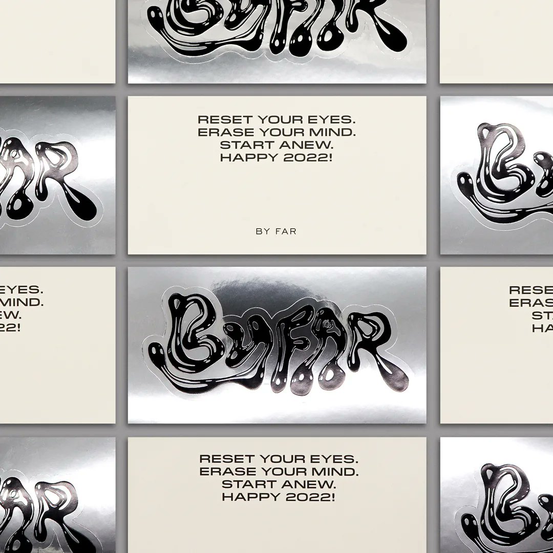 Holiday sticker card for #ByFar Full bleed silver foil lamination, raised black shiny foil print, contour kiss-cutting on <a href="/AveryDennison/">Avery Dennison</a> 180 gsm High Gloss Board duplexed and die-cut with offset printed <a href="/arjocreatives/">Arjocreatives</a> 300 gsm Keaykolour Snow White