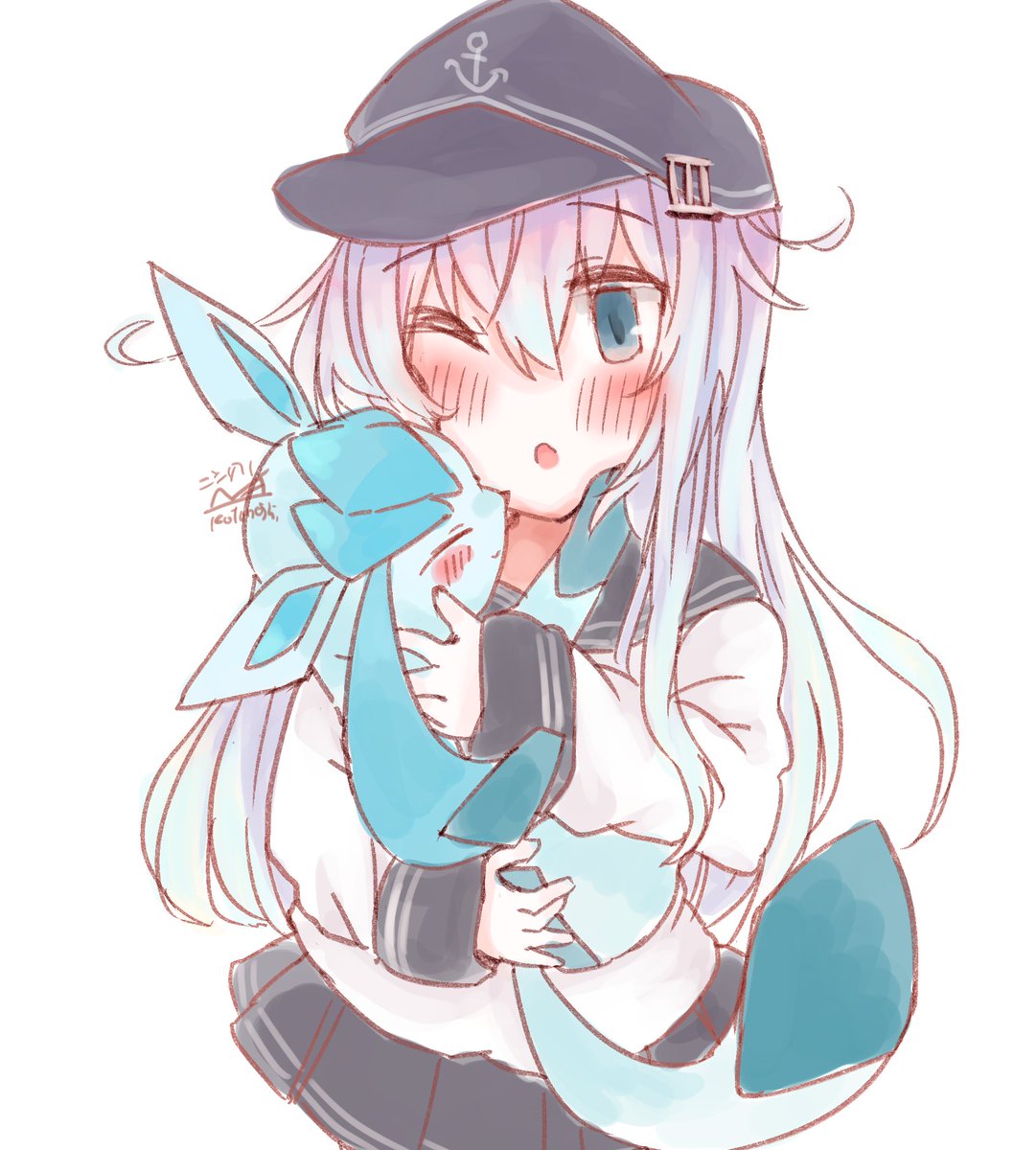 glaceon ,hibiki (kancolle) 1girl pokemon (creature) long hair hat skirt school uniform flat cap  illustration images