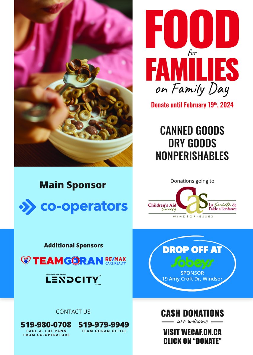 There's still time! HURRY! >>> "Food for Families on Family Day" Donate until, and including Monday, February 19 @Sobeys 19 Amy Croft Drive.  #DryGoods #CannedGoods #Nonperishables  <a href="/PaulLuePann/">Paul Lue Pann</a>,Cooperators  <a href="/TeamGoranREMAX/">WINDSOR REALTOR</a>  @LendcityMortgages #yqg  >>> Monetary Donations Welcome