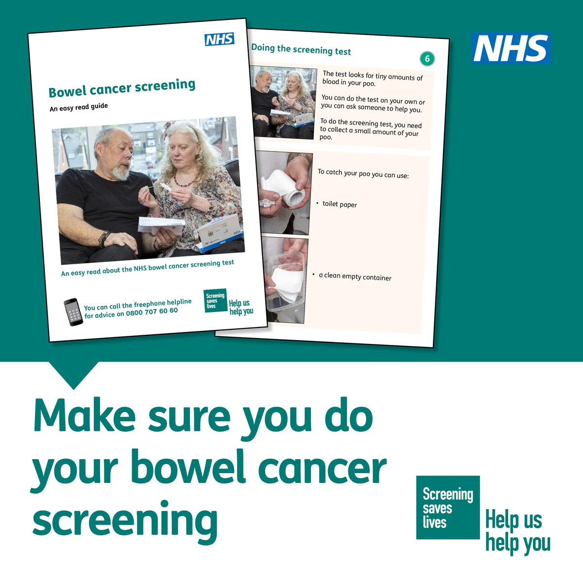 If you are sent a free NHS bowel cancer screening kit in the post, make sure you do it. 

The kit tests for early signs of bowel cancer. It is easy to do and you can ask someone you trust like a carer to help. 

For an easy read guide, visit: assets.publishing.service.gov.uk/media/646dfec3… [PDF]