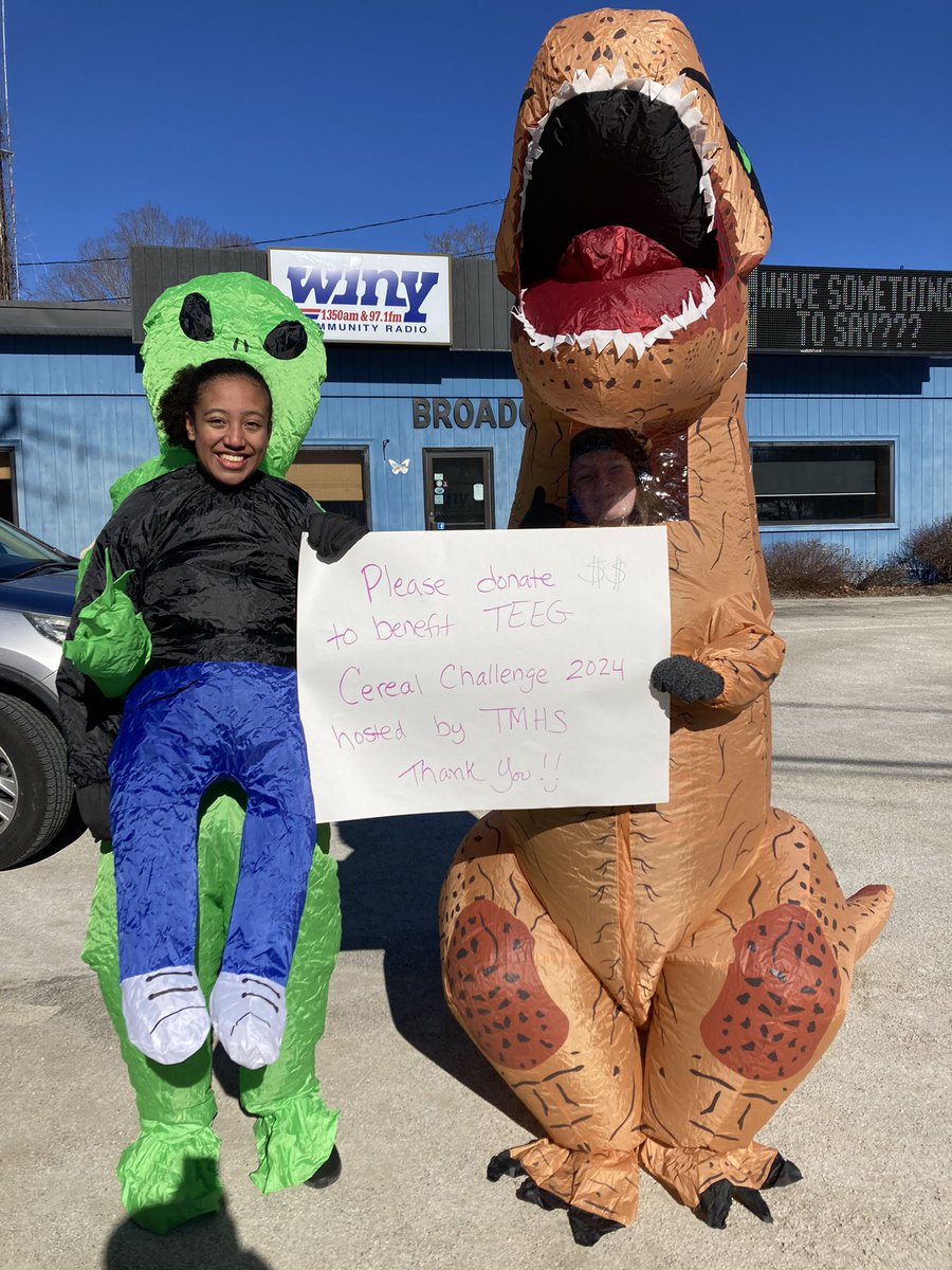 Still collecting at WINY this morning until noon. So far we have collected 66 boxes and $502 in cash donations! Kids come visit our dinosaur and alien and get a treat when your folks make a donation!