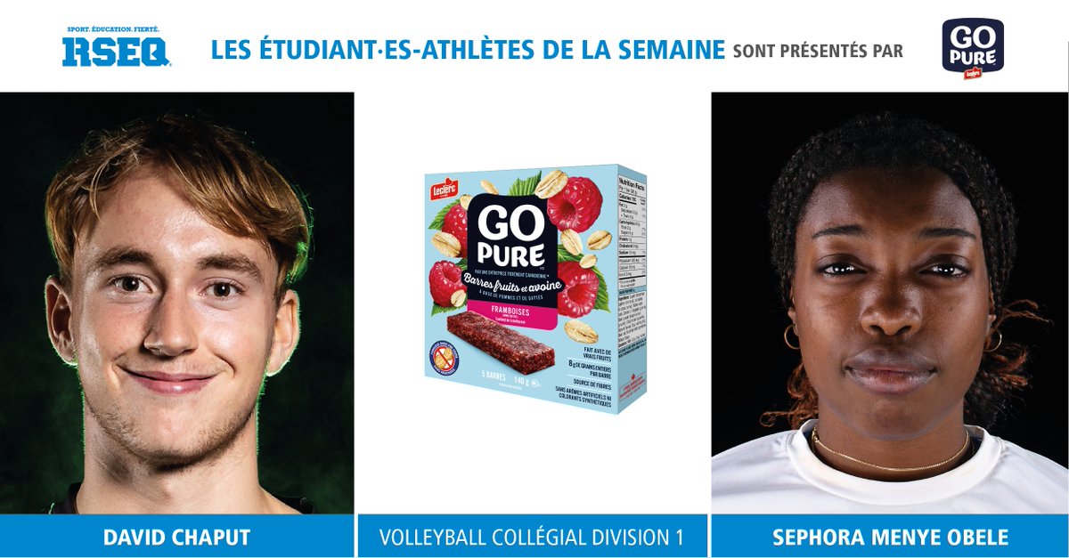 [VOLLEYBALL COLLÉGIAL] Voici les étudiant·es-athlètes de la semaine 13 pour le volleyball collégial D1, présentés par Go Pure , la barre officielle du RSEQ : ⭐️ Sephora Menye du Cégep de l'Outaouais ⭐️ David Chaput du Cégep de Sherbrooke Bravo ! #RSEQ #sport #fierté #GOPURE