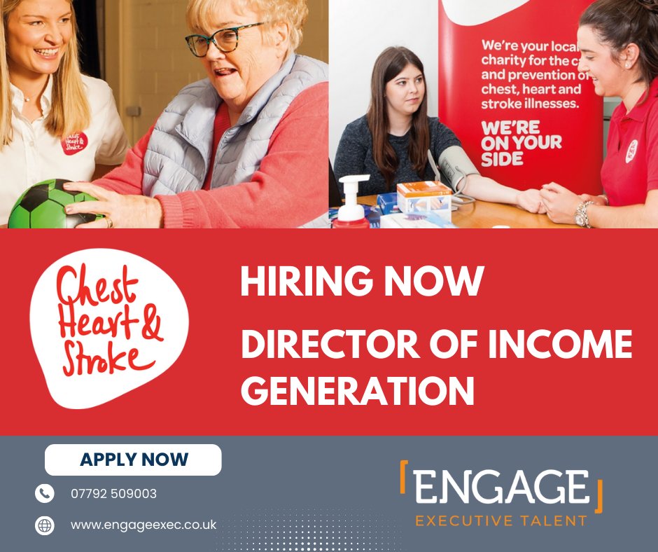 📢 New opportunity available with Northern Ireland Chest Heart and Stroke - Could you be their next Director of Income Generation? 
📅 Apply by noon, Thursday 28 March 2024
📝 Download the candidate information pack and apply here bit.ly/3SYqfbM
<a href="/nichstweet/">Northern Ireland Chest Heart & Stroke</a>