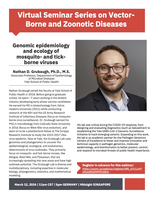 create_neo's tweet photo. Look forward seeing you March 12 for Prof Grubaugh's webinar "Genomic epidemiology and ecology of mosquito- and tick-borne viruses". Register:https://t.co/9mGkZkbGft. @CREID_Network @ASTMH @sbviro @ACAV_ASTMH @Virology_FAMERP @UTMBProvost @ihii_utmb @AmerSocVirol @Vasilakis_Lab https://t.co/OpNWZUZJ93