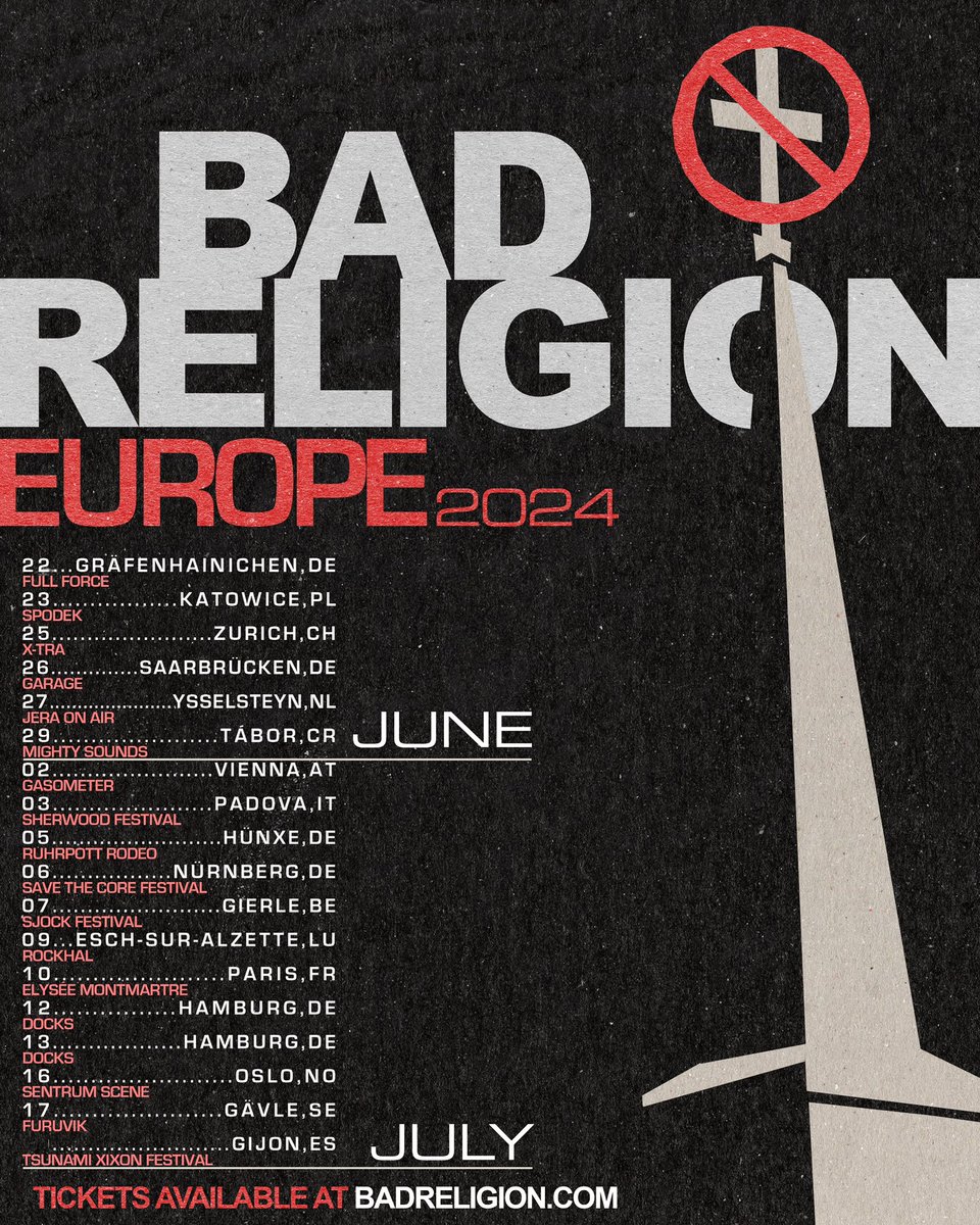 Bad Religion is returning to Europe this Summer, and all was right with the world... NOT! Tickets for headlining shows go on sale Friday, 23rd of February, at 9:00 AM local time. Ticketing links can be found at badreligion.com Ya-hey!