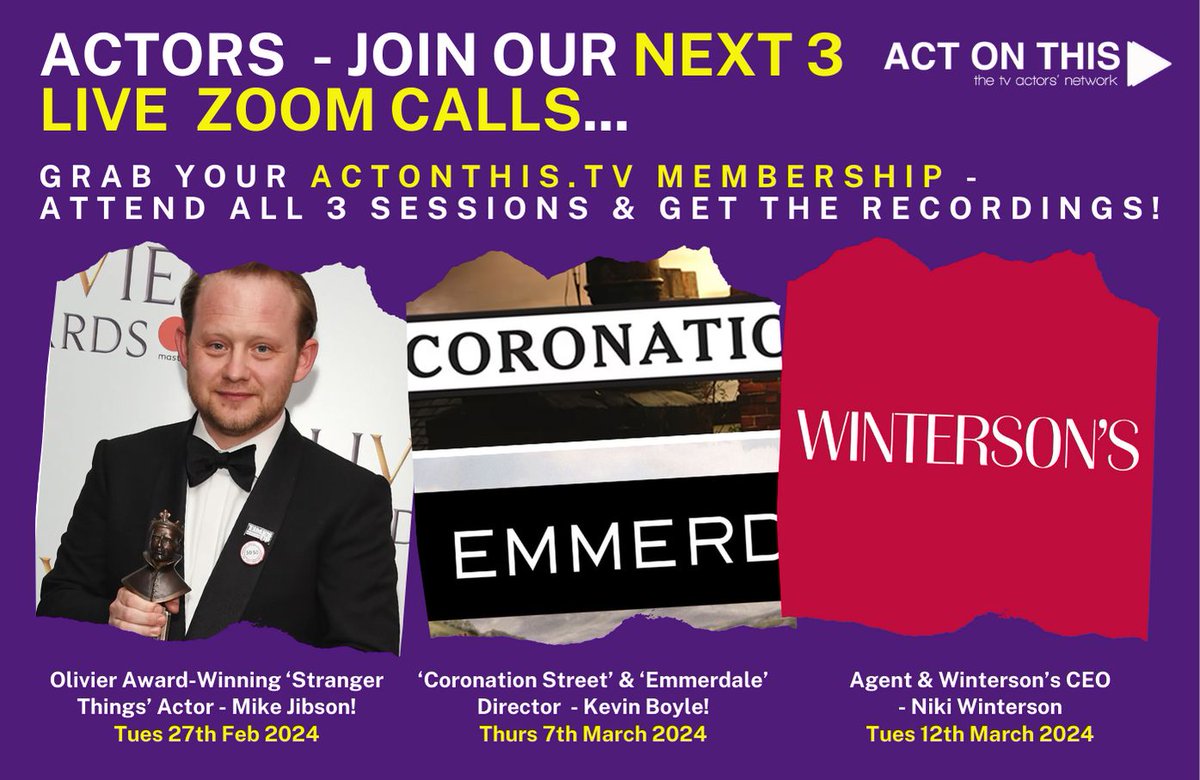 LeePetcher's tweet photo. ✅OUR NEXT 3 @ActOnThisTV LIVE Zoom Calls!

🔥 TUES 27th FEB - Olivier Award-Winning 'Stranger Things' Actor - #MikeJibson!
🔥 THURS 7th MARCH - @itvcorrie &amp; @emmerdale Director - #KevinBoyle!
🔥 TUES 12th MARCH - Agent &amp; @wintersons CEO - #NikiWinterson!

https://t.co/Qe5n5CSlJJ https://t.co/xQ0VWaPWVN