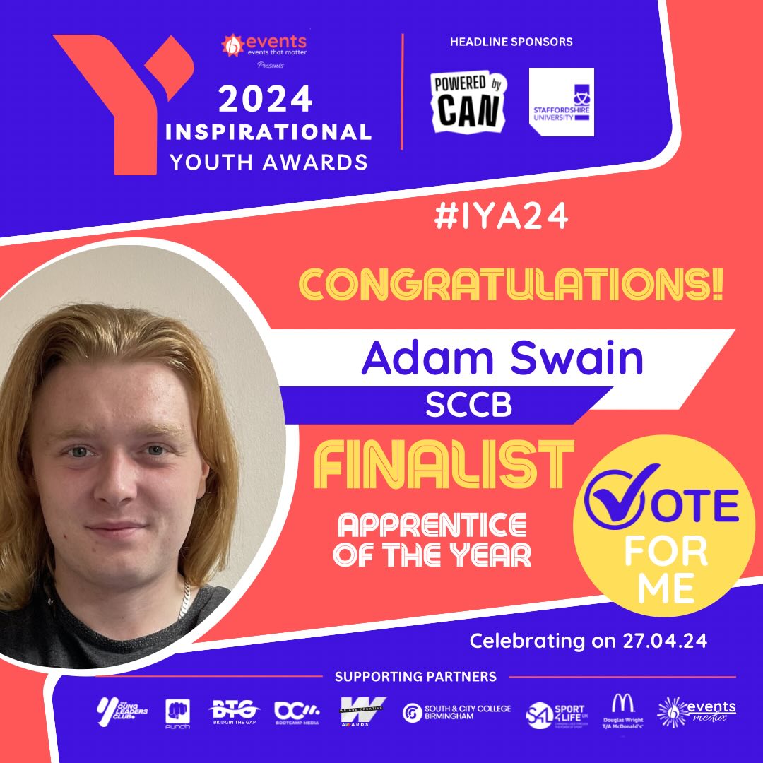 🌟Inspirational Youth Awards 2024! 🏆

We're thrilled to announce that one of our former apprentices, now a valued full-time staff member, has been named a finalist for the Apprentice of the Year 2024!

To vote click the link below:
lnkd.in/eYhhR2HA

#IYA24 #sccb