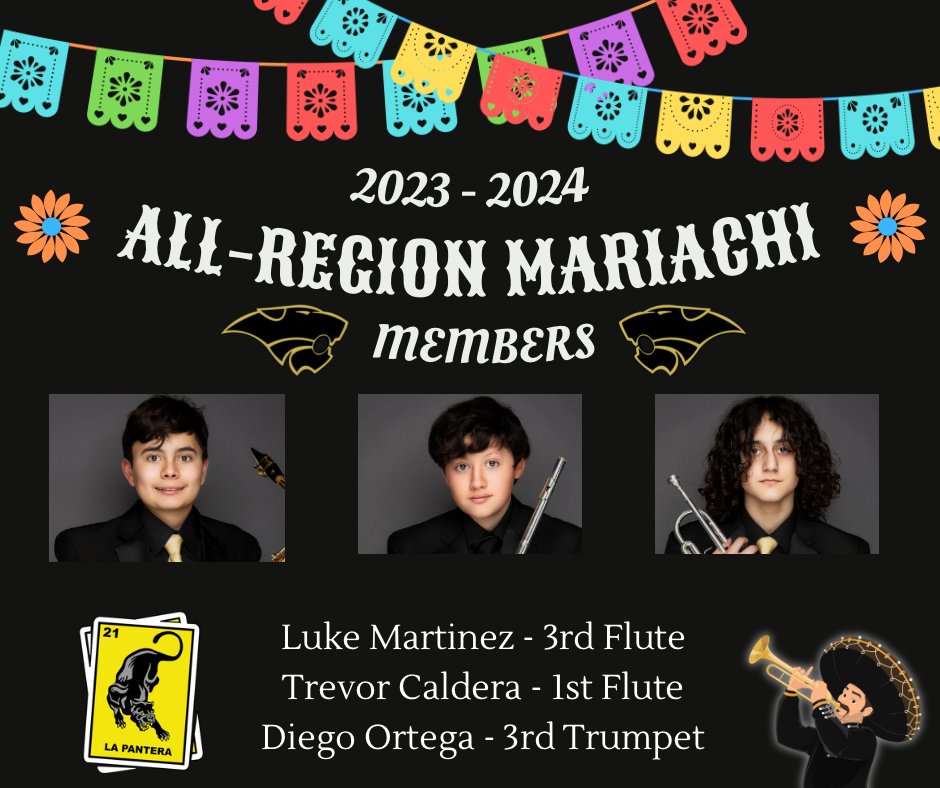 🎉Congrats to our talented musicians!🎶
The following students for their outstanding achievements in the All-Region Mariachi:
Trevor Caldera:🥇1st Chair Flute
Luke Martinez:🥉3rd Chair Flute
Diego Ortega:🥉3rd Chair Trumpet
Benito Segura: Alternate Guitarron! 🎸
