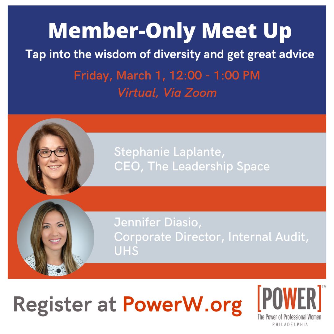 powerw_philly's tweet photo. Join Stephanie Laplante, CEO-The Leadership Space &amp; Jennifer Diasio, Corp Director, Internal Audit, at UHS for an engaging discussion! Fri, 3/1, 12–1 pm via Zoom. Limited spots! https://t.co/QUawB5Lhwe https://t.co/4U6bsQW1Sc