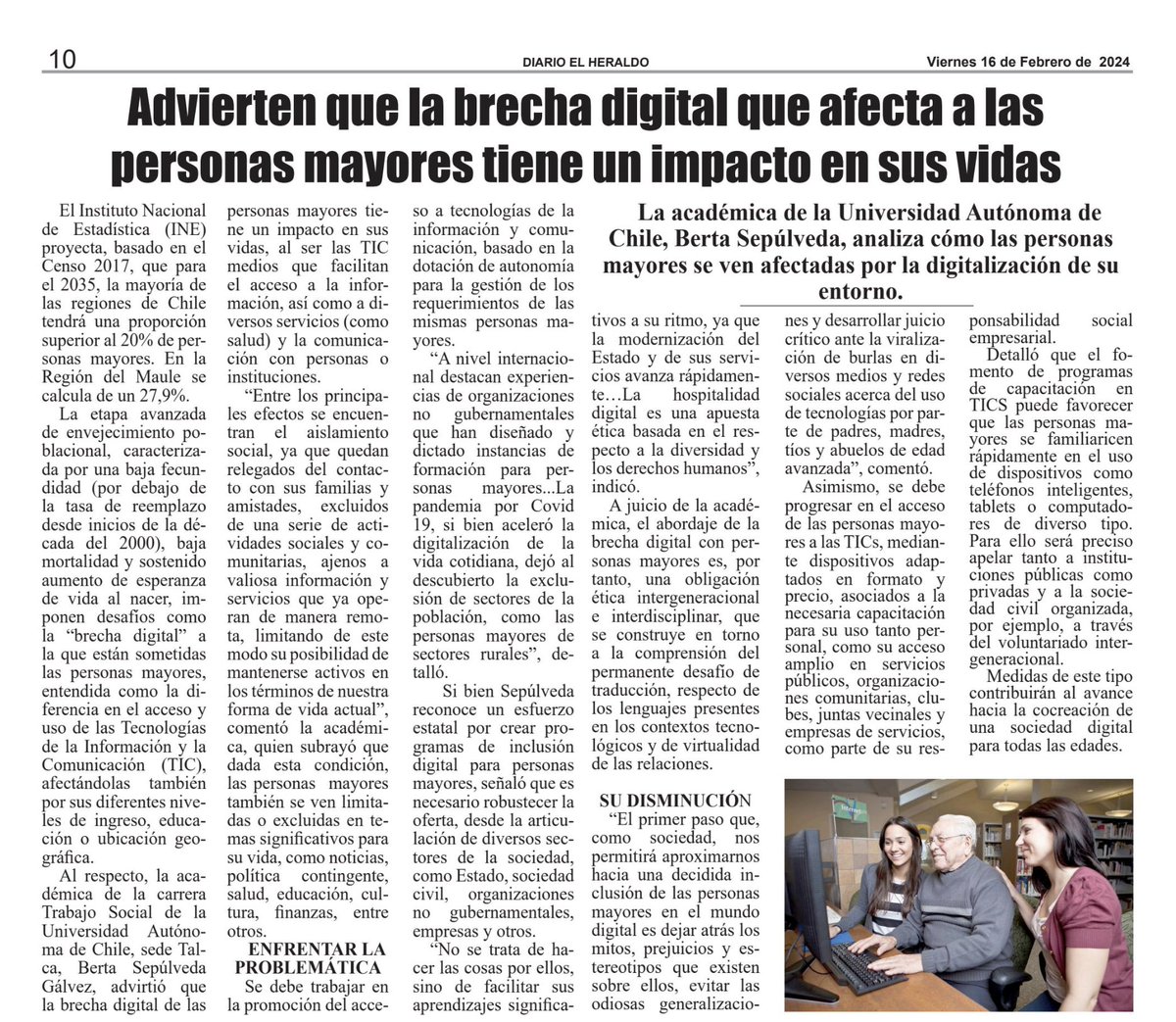 MEDIOS📢/ 'Advierten que la brecha digital que afecta a las personas mayores tiene un impacto en sus vidas'. Académica de Trabajo Social @autonomadechile #Talca, Berta Sepúlveda Gálvez, advirtió que la brecha se da al ser las TIC las que facilitan la información. 🗞️HeraldoLinares