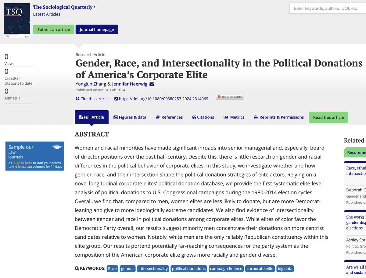 ONLINE FIRST New in TSQ: Yongjun Zhang (@DrJoshZhang) and Jennifer Heerwig (@drjenh) investigate whether and how gender, race, and their intersection shape the political donation strategies of corporate elites. Read more at bit.ly/3I32gCb