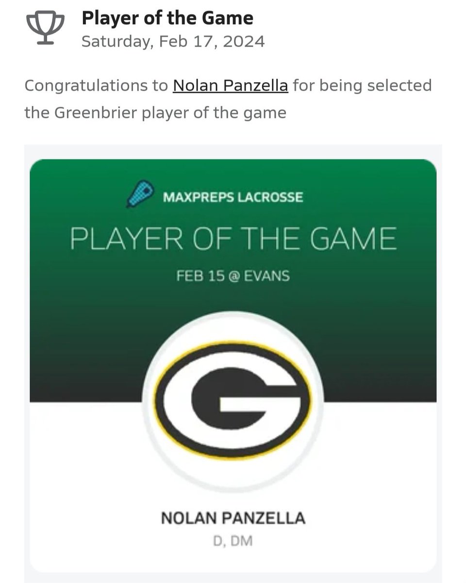 ghsmenslax's tweet photo. Congratulations to the 2/15 @MaxPreps Player of The Game, @nolan_panzella. 

The senior d-pole had 1 Goal, 1 Assist, 4 Ground Balls, &amp; 2 Takeaways in a win. 
@CreswellCurtis @CheneyAUG https://t.co/m1A5Vs3Ij3