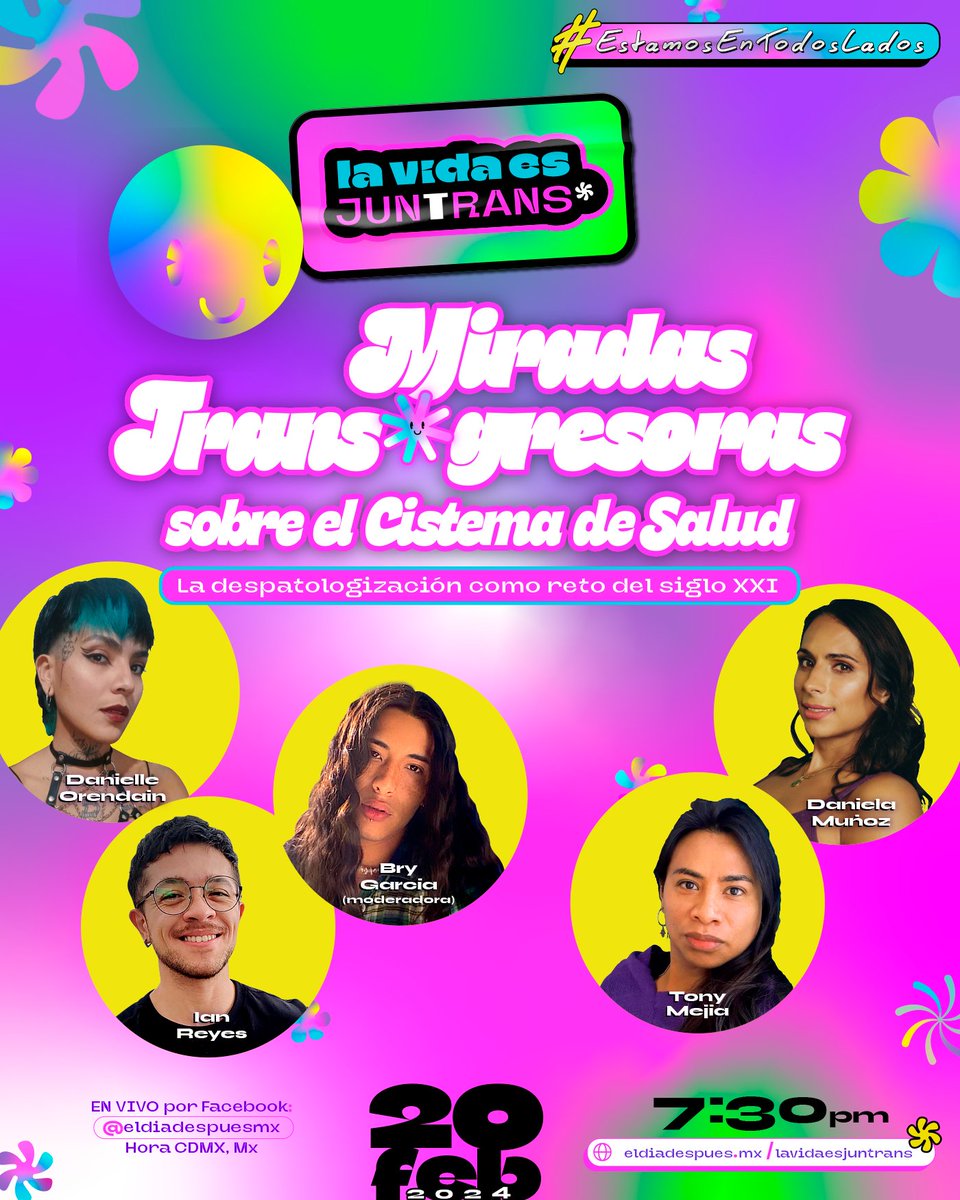 ✨Entérate de todo sobre la despatologización de las identidades trans* en nuestra charla 𝗠𝗶𝗿𝗮𝗱𝗮𝘀 𝗧𝗿𝗮𝗻𝘀𝗴𝗿𝗲𝘀𝗼𝗿𝗮𝘀 𝗱𝗲𝗹 𝗖𝗶𝘀𝘁𝗲𝗺𝗮 𝗱𝗲 𝗦𝗮𝗹𝘂𝗱✨

📆 Martes 20 de febrero.
⏰ 19:30 hrs.
📍Transmisión por FacebookLive.

#EstamosEnTodosLados