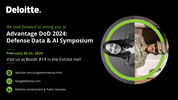 Be sure to stop by Deloitte booth #19 at the Advantage DoD 2024: Defense Data & AI Symposium in Washington, DC on February 20 – 22 to learn more about how Deloitte is helping government agencies create value with AI. #ADOD2024 deloi.tt/4bFp7Bj