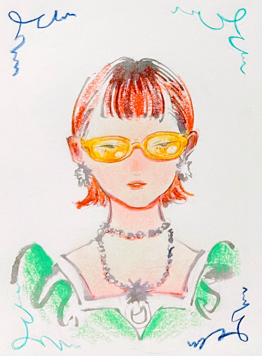 1girl jewelry solo earrings necklace short hair tinted eyewear  illustration images