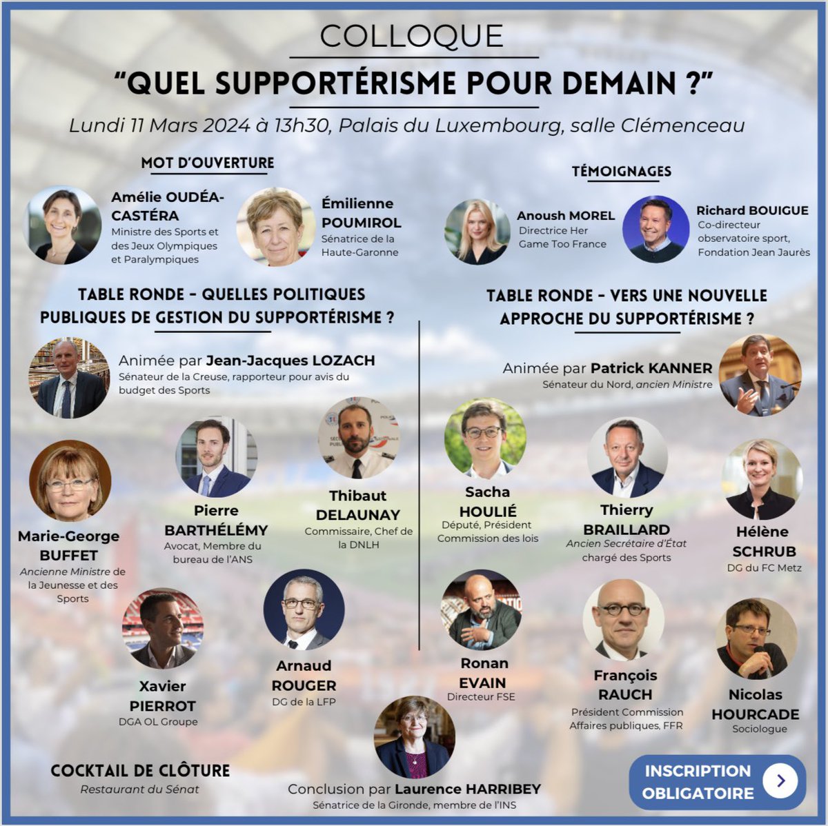 📣 Ne manquez pas notre colloque sur le supporterisme ! 
🗓️ 11 mars 2024 
📍 Palais du Luxembourg 

Rejoignez-nous pour une journée enrichissante en présence de Madame la Ministre des Sports et des Jeux Olympiques et Paralympiques. 
👉🏽 shorturl.at/GJTWY