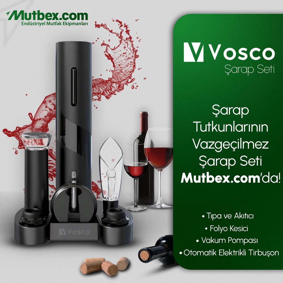 Şarap tutkunlarının vazgeçilmezi!🍷
Vosco Şarap Seti ile şarap keyfini doruklara çıkarın. Otomatik elektrikli tirbuşonu, vakum pompası ve diğer muhteşem aksesuarlarıyla her şişeyi açışınız bir zevke dönüşecek. Şarap deneyiminizi mükemmelleştirmek için hazır mısınız?