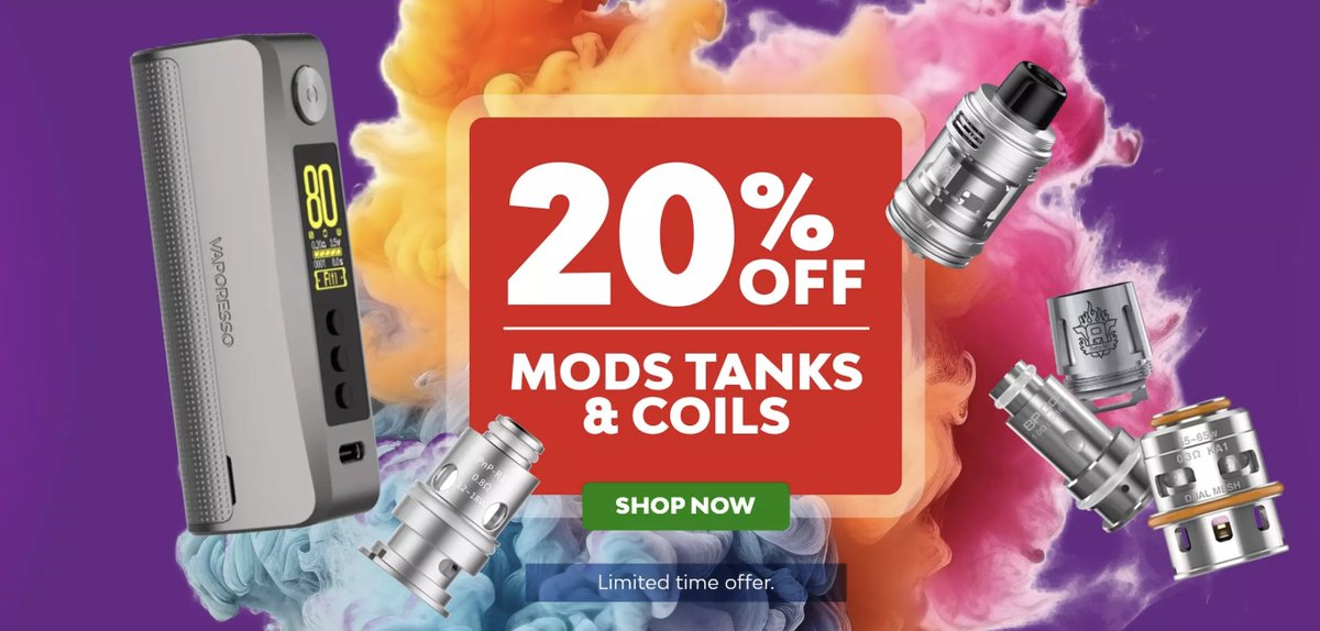 Enjoy a special 20% discount on mods, tanks, and coils during our limited-time offer! Visit us at vampirevape.co.uk to explore the savings.