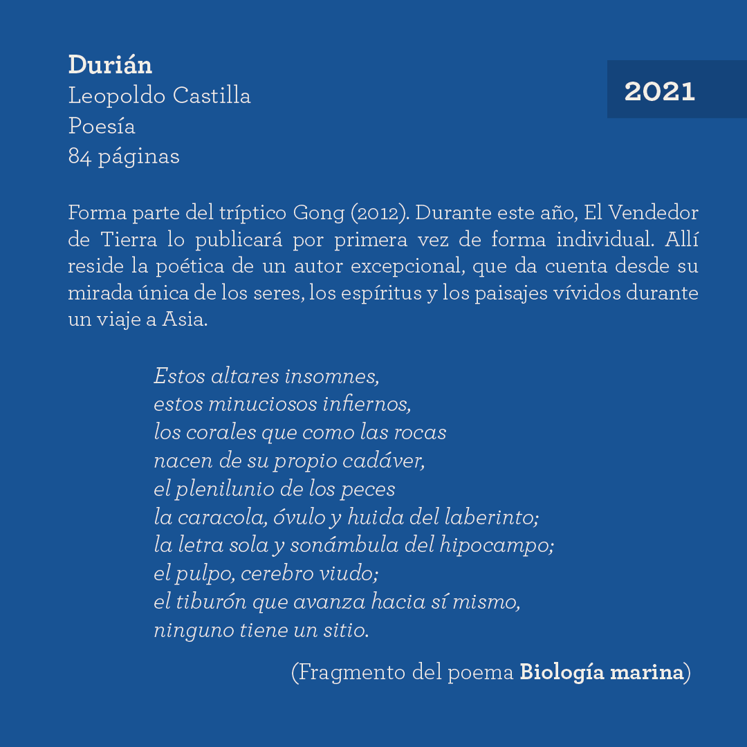 evtierra's tweet photo. Tampoco extraña la generosidad que lo lleva a brindar su voz donde lo llamen, bajo los árboles o los palmos solitarios de la ciudad.
Gracias a esa generosidad con El Vendedor de Tierra, en 2021 pudimos publicar Durián, uno de los tres títulos de Gong (2012). (sigue) https://t.co/2iXyH2p2sn