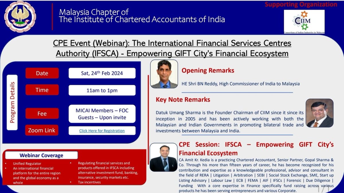 CIIM (Consortium of Indian Industries In Malaysia) (@ciim_in) on Twitter photo All are encouraged to register and join this interesting webinar supported by CIIM on Sat, Feb 24th, 2024
The International Financial Services Centres Authority (IFSCA), India...
Empowering GIFT City's Financial Ecosystem
<a href="/BN_Reddy_8888/">B N Reddy-India’s High Commissioner to Malaysia</a> <a href="/umangsharmas/">Datuk Umang Sharma</a> <a href="/MITIMalaysia/">MITI Malaysia</a> <a href="/OfficialMIDA/">Malaysian Investment Development Authority (MIDA)</a> All are encouraged to register and join this interesting webinar supported by CIIM on Sat, Feb 24th, 2024
The International Financial Services Centres Authority (IFSCA), India...
Empowering GIFT City's Financial Ecosystem
<a href="/BN_Reddy_8888/">B N Reddy-India’s High Commissioner to Malaysia</a> <a href="/umangsharmas/">Datuk Umang Sharma</a> <a href="/MITIMalaysia/">MITI Malaysia</a> <a href="/OfficialMIDA/">Malaysian Investment Development Authority (MIDA)</a>