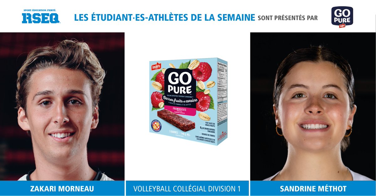 [VOLLEYBALL COLLÉGIAL🏐] Voici les étudiant·es-athlètes de la semaine 14 pour le volleyball collégial D1, présentés par Go Pure, la barre officielle du RSEQ : ⭐️ Sandrine Méthot du Collège Lionel-Groulx ⭐️ Zakari Morneau du Cégep Limoilou Bravo ! #RSEQ #sport #fierté #GOPURE