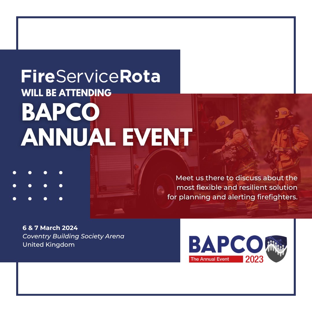 We are excited to be part of this year's @BAPCOEvent to demonstrate why @fireservicerota's scheduling and alerting services can help you 𝗺𝗮𝗻𝗮𝗴𝗲 𝘆𝗼𝘂𝗿 𝘁𝗶𝗺𝗲 𝗮𝗻𝗱 𝗿𝗲𝘀𝗼𝘂𝗿𝗰𝗲𝘀 𝗶𝗻 𝘁𝗵𝗲 𝗯𝗲𝘀𝘁 𝗽𝗼𝘀𝘀𝗶𝗯𝗹𝗲 𝘄𝗮𝘆 🚒
