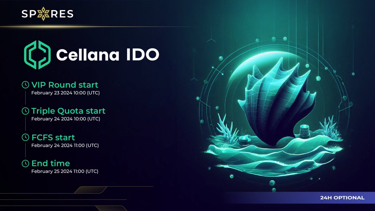 Spores Network (@spores_network) on Twitter photo 📢 <a href="/CellanaFinance/">Cellana Finance</a> 𝗜𝗗𝗢 𝗟𝗮𝘂𝗻𝗰𝗵𝗶𝗻𝗴 𝗼𝗻 𝗦𝗽𝗼𝗿𝗲𝘀 𝗟𝗮𝘂𝗻𝗰𝗵𝗽𝗮𝗱!
Spores Launchpad is excited to announce the upcoming IDO launch of Cellana - The first Ve(3,3) on <a href="/Aptos_Network/">Aptos Network (has moved to Aptos!)</a> 💎
1⃣ Token Details
✔️ Symbol: CELL
✔️ Chain: Aptos
✔️ IDO Price: $0.005
✔️ IMC: 📢 <a href="/CellanaFinance/">Cellana Finance</a> 𝗜𝗗𝗢 𝗟𝗮𝘂𝗻𝗰𝗵𝗶𝗻𝗴 𝗼𝗻 𝗦𝗽𝗼𝗿𝗲𝘀 𝗟𝗮𝘂𝗻𝗰𝗵𝗽𝗮𝗱!
Spores Launchpad is excited to announce the upcoming IDO launch of Cellana - The first Ve(3,3) on <a href="/Aptos_Network/">Aptos Network (has moved to Aptos!)</a> 💎
1⃣ Token Details
✔️ Symbol: CELL
✔️ Chain: Aptos
✔️ IDO Price: $0.005
✔️ IMC: