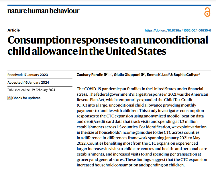 At Nature Human Behaviour: 'Consumption Responses to an Unconditional Child Allowance in the U.S.' We study how the 2021 CTC expansion affected family expenditures using observed (rather than reported) consumption data from 1.3 million establishments. nature.com/articles/s4156…