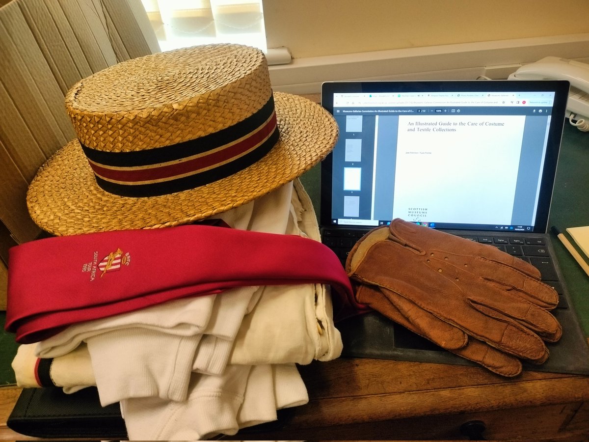 With my A-Level students sitting their mocks this week, I finally have some more time to work on my textile conservation project! This morning I've been sorting the boxes of uniform including this boater from 1934 and Fives gloves from 1915.