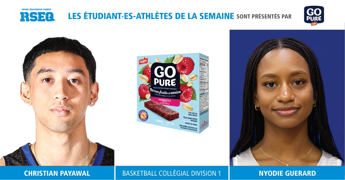 [BASKETBALL COLLÉGIAL🏀] Voici les étudiant·es-athlètes de la semaine pour le basketball collégiale D1, présentés par Go Pure, la barre officielle du RSEQ : ⭐️ Nyodie Guerard du Cégep de Sainte-Foy ⭐️ Christian Payawal du Collège Dawson Bravo ! #RSEQ #sport #fierté #GOPURE