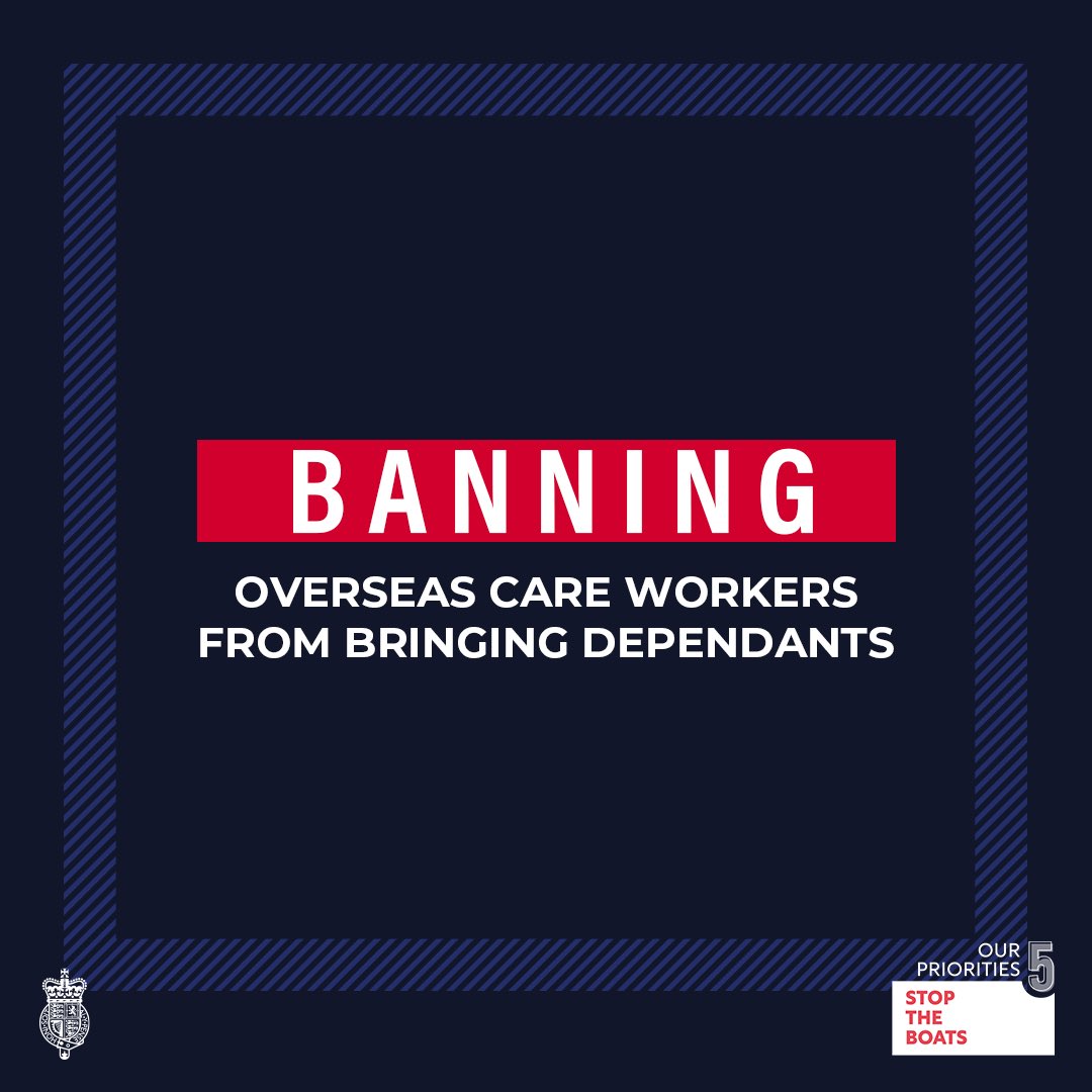 Today in Parliament we have laid an order to ban overseas care workers from bringing dependants. This is just one part of our plan to deliver the biggest-ever cut in migration 👇