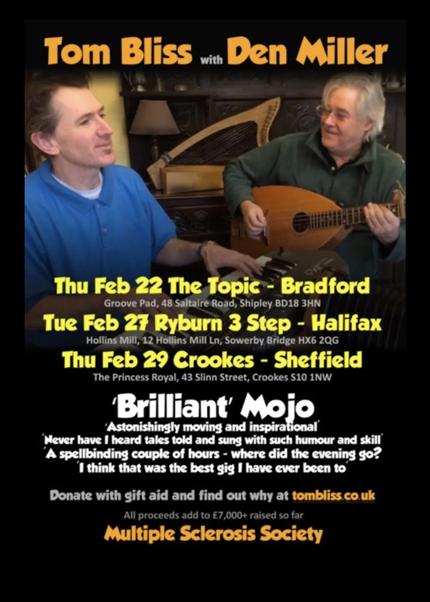 The Topic Folk Club (@topicfolk) on Twitter photo This #Thursday 22nd we welcome Tom Bliss & Den Miller to <a href="/GroovePad/">Groove Pad Otley</a> #Shipley for #livemusic #folk in support of multiple sclerosis. Pay as you like. Doors at 7pm. Music from 7.30. Wheelchair access. Free parking on Crowgill Road.
48 Saltaire Road. Tombliss.co.uk This #Thursday 22nd we welcome Tom Bliss & Den Miller to <a href="/GroovePad/">Groove Pad Otley</a> #Shipley for #livemusic #folk in support of multiple sclerosis. Pay as you like. Doors at 7pm. Music from 7.30. Wheelchair access. Free parking on Crowgill Road.
48 Saltaire Road. Tombliss.co.uk