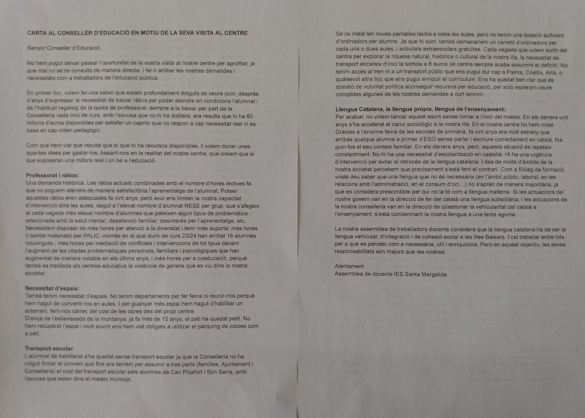 els sobren 60 milions d'euros. Aquesta és la carta que li hem lliurat.