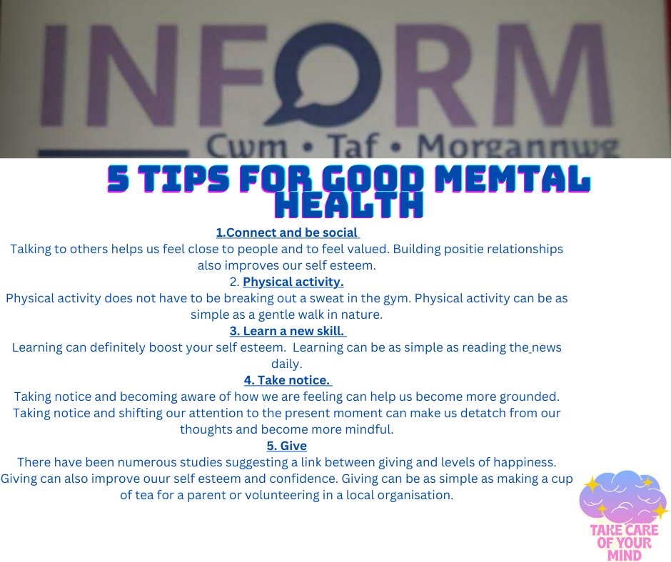 Take care of your mind, here are our 5 tips for good mental health. #MentalHealthMatters #MentalHealthAwareness @ctmmind @InterlinkRCT @Newhorizons_16 @