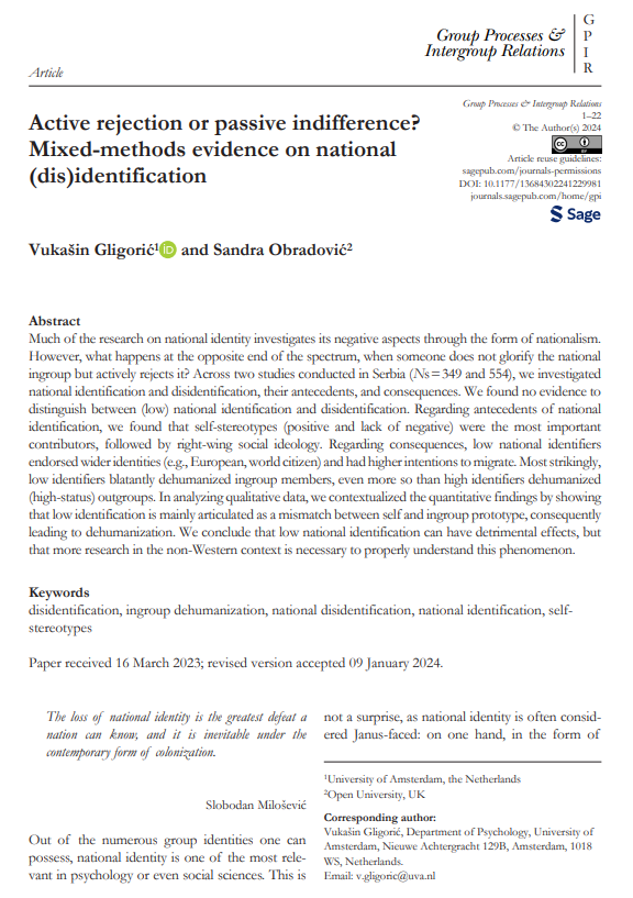 v_gligoric's tweet photo. Our research on national (dis)identification is published in GPIR!🤩
We have been working on it since 2021😱 @DrS_Obradovic

In the paper, we quote Slobodan Milošević, cite Mao Zedong, discover❗️INGROUP❗️dehumanization, and make other controversial maneuvers

What we found:

1/3 https://t.co/YOgQfr5Mfd