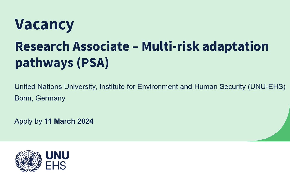 📢 Conducting research on #risks linked to #floods and #droughts & co-creating #adaptation #pathways in different European river catchments sounds exciting? ➡️ Come join our team @UNUEHS 🙂 ➡️ Early career (and possibly PhD) opportunity Find out more: careers.unu.edu/o/research-ass…