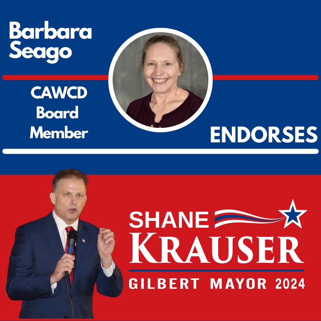 ShaneKrauser's tweet photo. Yet another great endorsement! Barbara Seago is both a Gilbert resident and sits on the water board.

https://t.co/8YHJ8G7dUV

#shaneformayor #shaneforgilbert #thepeoplesmayor #liberty #freedom #constitution #gilbertaz #gilbertazmayor #arizona #election2024 #shanekrauser #gilbertarizona #azelection2024 #UsVsTheStatusQuo
