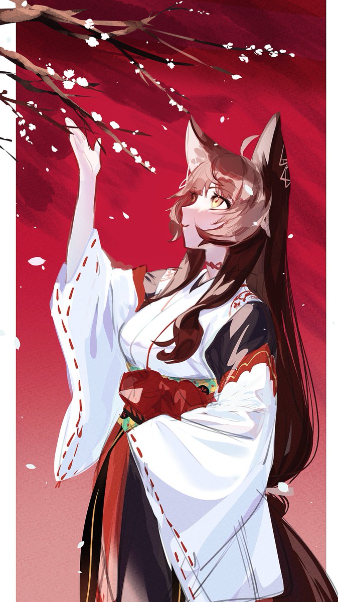 1girl animal ears solo japanese clothes fox ears tail long hair  illustration images