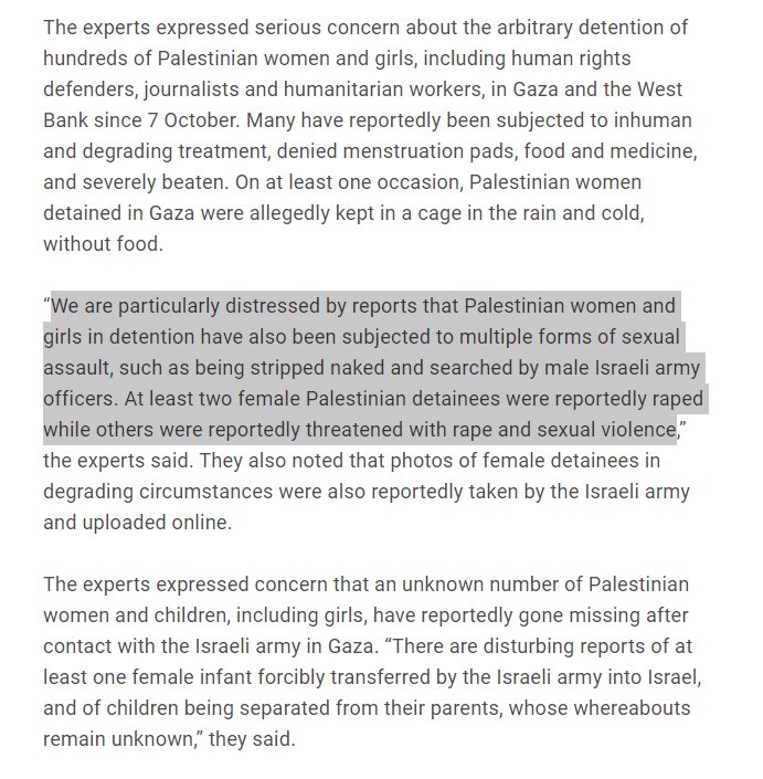 BREAKING and Shocking: that Palestinian women & girls in Israeli detention have been subjected to 'multiple forms of sexual assault' including 'rape', 'torture, ill-treatment/degrading treatment' & threats 'with rape & sexual violence.' @UN_SPExperts ohchr.org/en/press-relea…