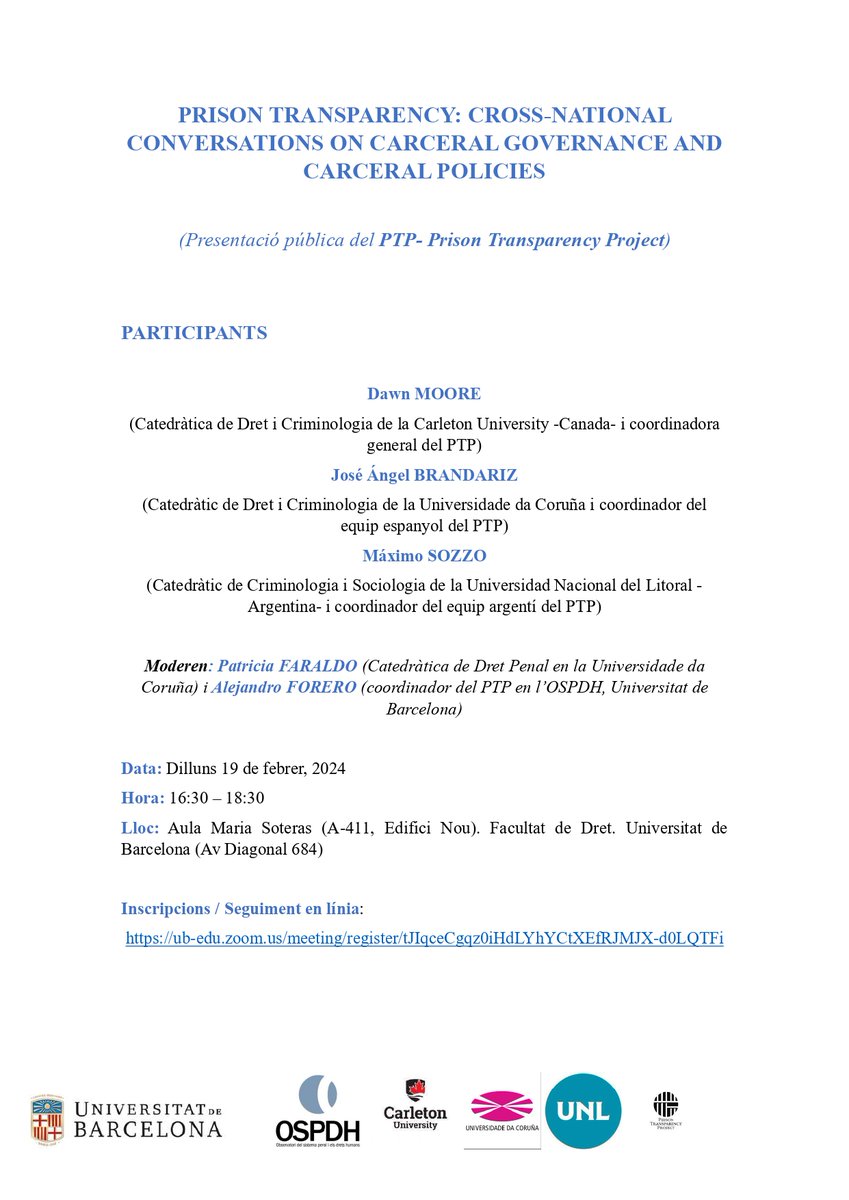 A punto de comenzar la presentación pública del <a href="/PTPresearch/">Prison Transparency Project</a> con la intervención de José A. Brandariz, miembro de <a href="/ecrim_udc/">ecrim</a>, junto a <a href="/theantidawn/">Dawn Moore she/they</a> y Máximo Sozzo.