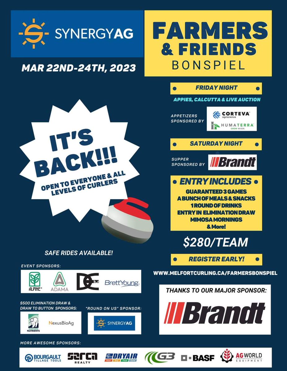 Already at 31 teams registered! It's going to be a fantastic weekend. We're cutting it off at 32 teams, and then we will start a waiting list. 

Huge response from sponsors so far, and we are working on making this even better than last year! 

More info: melfortcurling.ca/farmersbonspiel