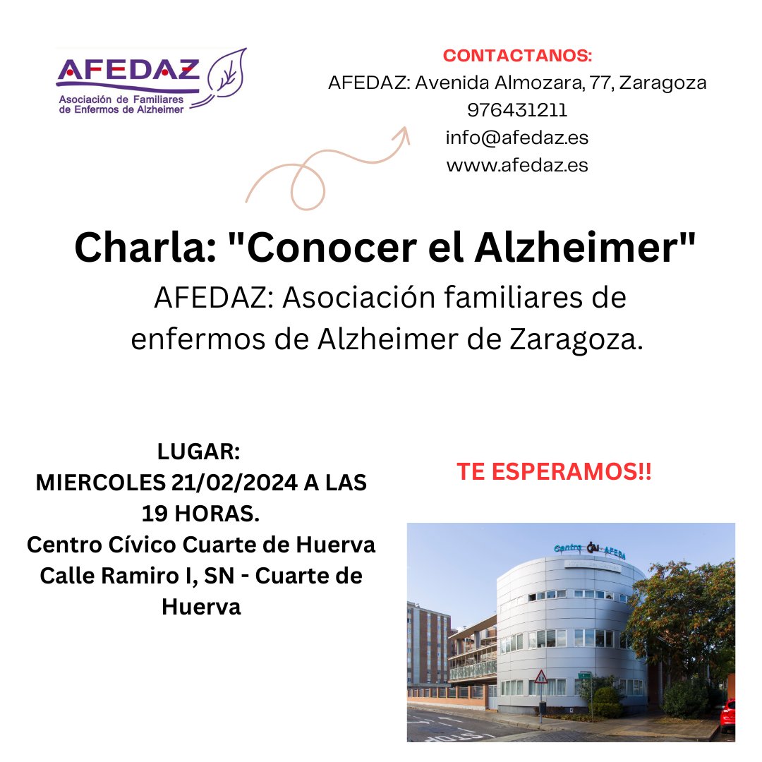 Empezamos con las charlas en el medio rural, este miércoles estaremos en Cuarte para dar una charla sobre el Alzheimer con la colaboración del @aytocuarte.

🕖 Miércoles 21 de febrero a las 19 horas.
📍Centro Cívico (Calle Ramiro I)
🎟️ Libre hasta completar aforo