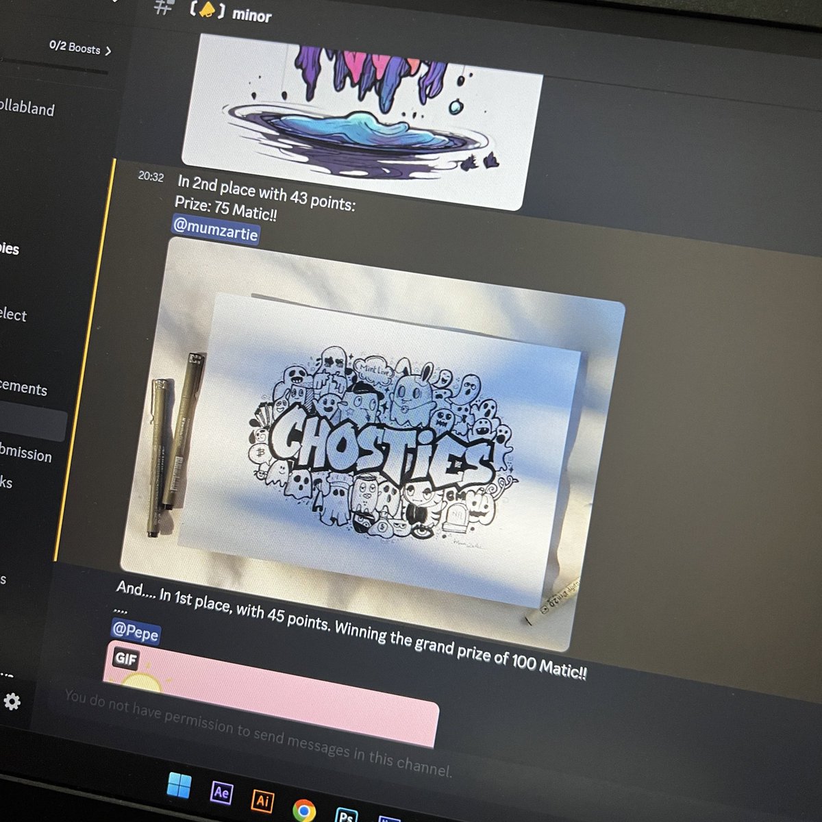 Thrilled to announce that I've been awarded second prize in the prestigious art contest held by <a href="/GhostiesOnPoly/">Ghosties | Mint Live 📜</a> 🎨✨ 

It's an honor to be recognized among such talented artists. 

Huge thanks to the community for this opportunity! #ArtContest #ContestAlert 
#artist