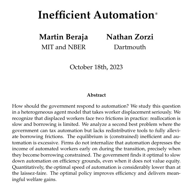 ``Slowing down automation can be justified on efficiency grounds when it displaces workers who are financially vulnerable.'' Recently accepted paper, from @MartinBeraja and @Nathan_Zorzi: restud.com/inefficient-au…