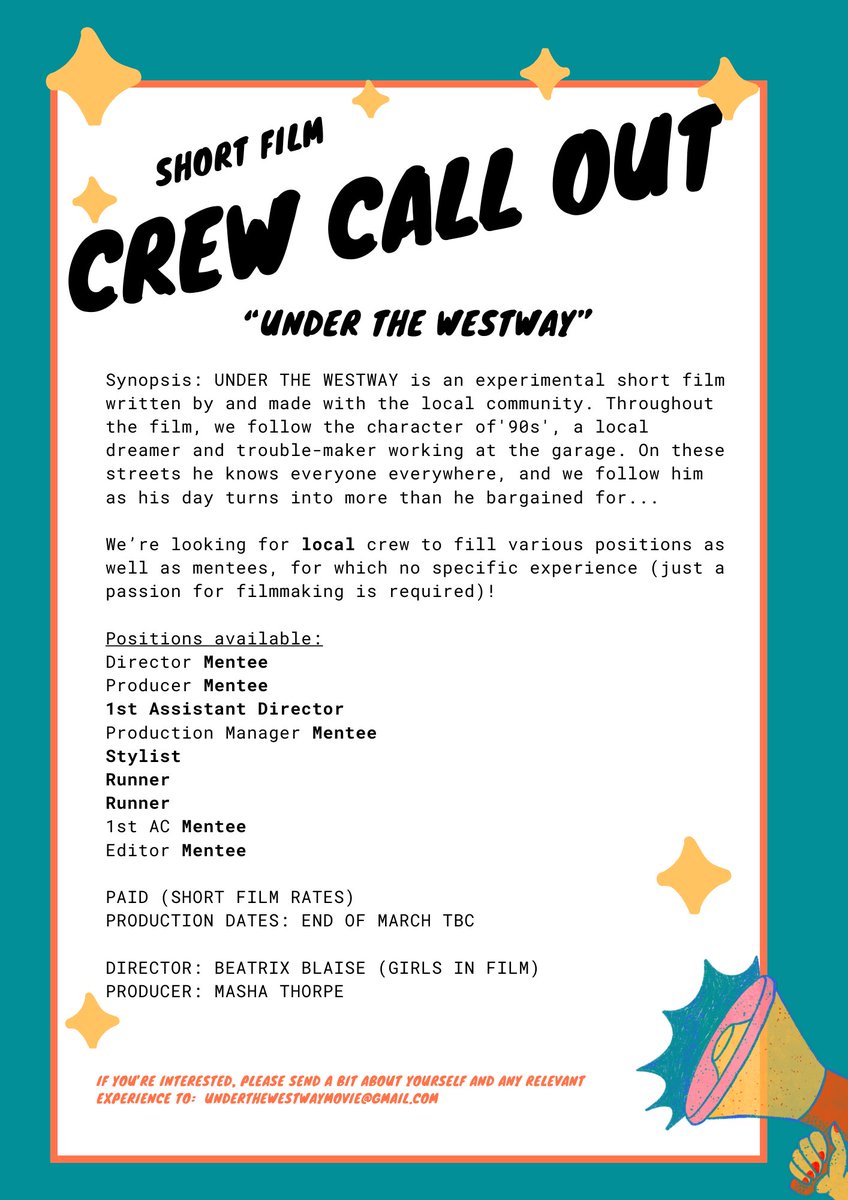 Casting Call! 🎞️📽️📢📢 Local creatives are seeking both cast and crew for the production of a short film entitled 'Under the Westway'. For more info, email underthewestwaymovie@gmail.com