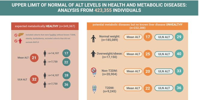 'Upper limit of normal ALT levels in health and metabolic diseases: Pooled analysis of 423,355 individuals with bootstrap modelling' now online at bit.ly/3I5Vr2H #livertwitter