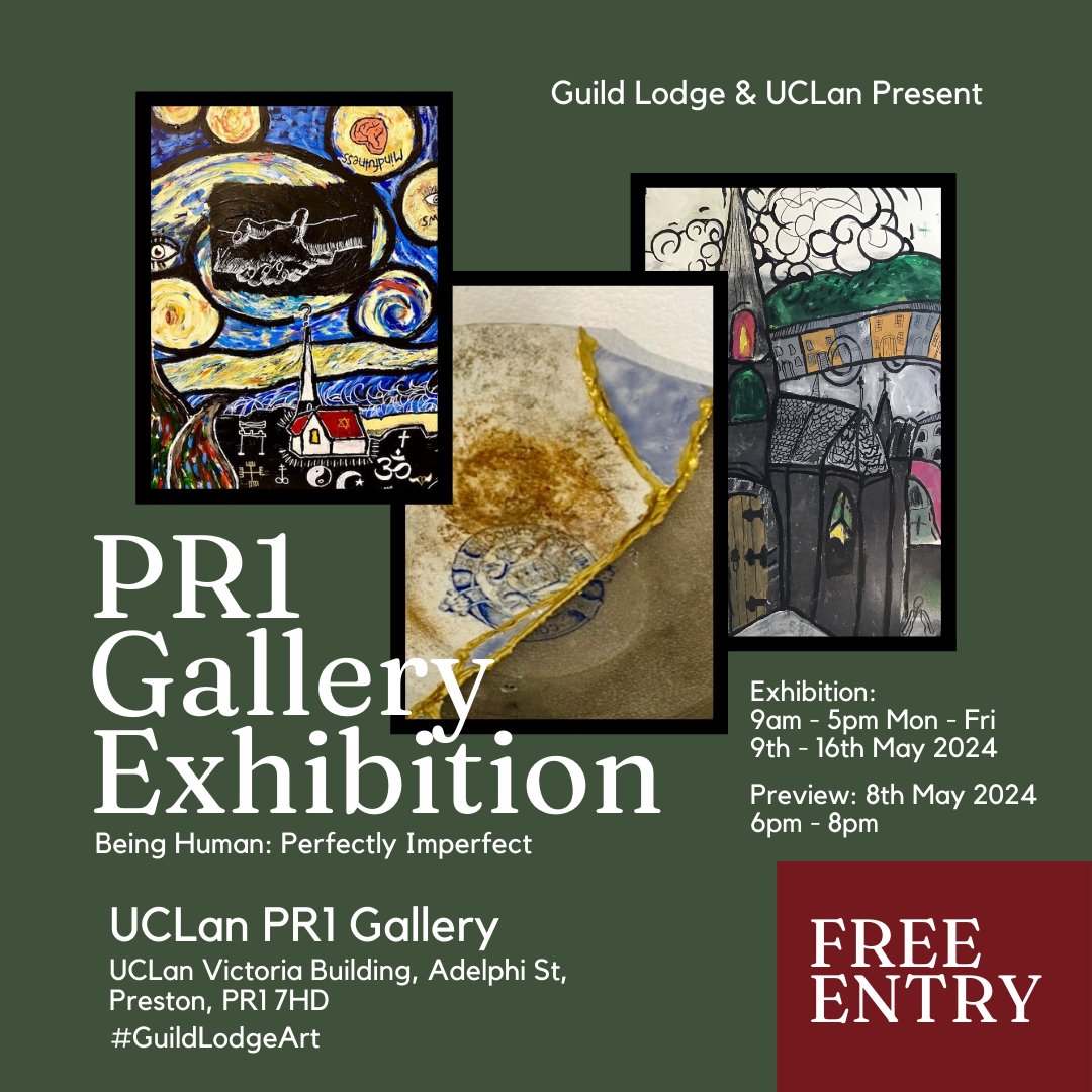 Don't miss our upcoming art exhibition @UCLan's PR1 Gallery on 9th May - 16th May from 9-5pm each day. All artwork has been created by service users @weareguildlodge in a collaboration with students from UCLan. #GuildLodgeArt @UCLanSU @UCLanMH @UclanCPT @WeAreLSCFT