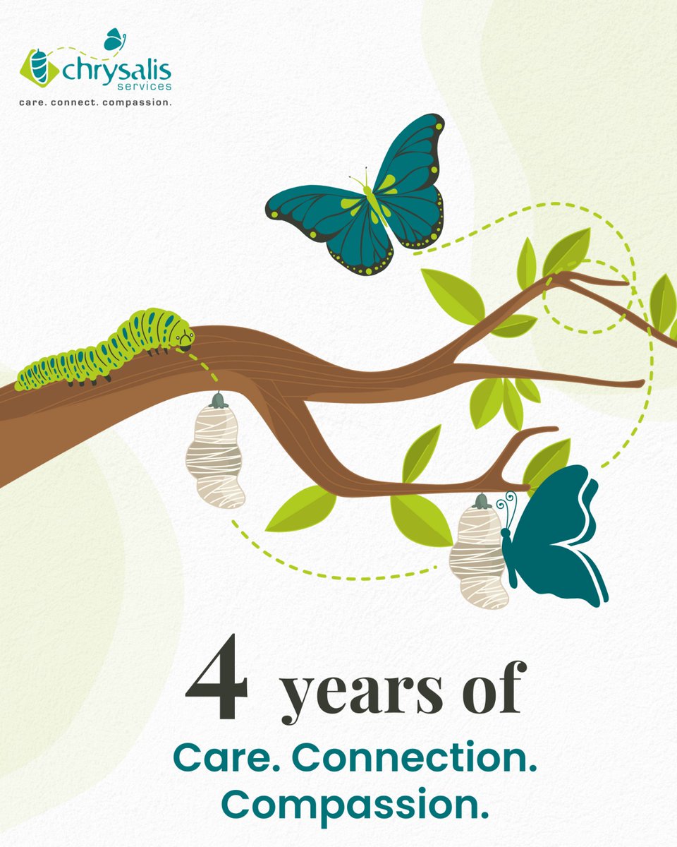 #Celebrating 4 transformative years at Chrysalis Services!! Our journey has been a metamorphosis, much like the graceful butterfly. From the humble pupa stage, we've grown, evolved, and soared to new heights. 
Here's to the next chapter of care, connection, and compassion! 🙌💐
